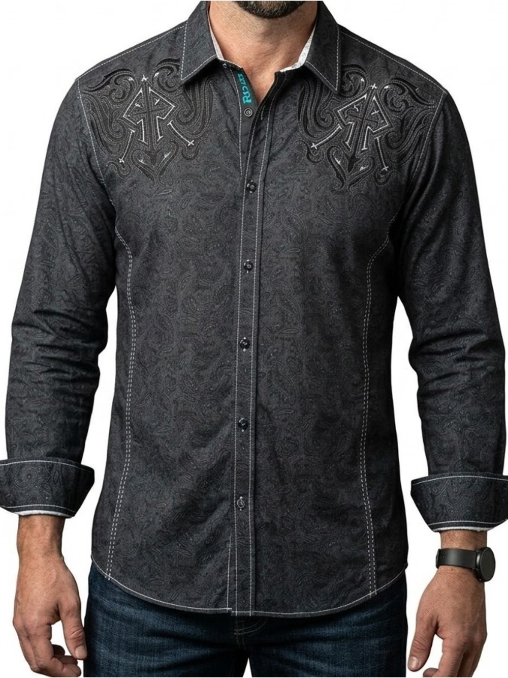 ROAR Signature XL Embroidered Western Shirt Black Paisley Tribal Cross